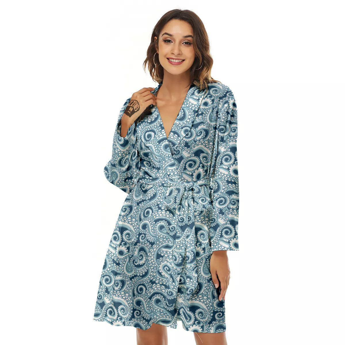 Tentacles Octopus Blue Print Pattern Women's Robe-grizzshop