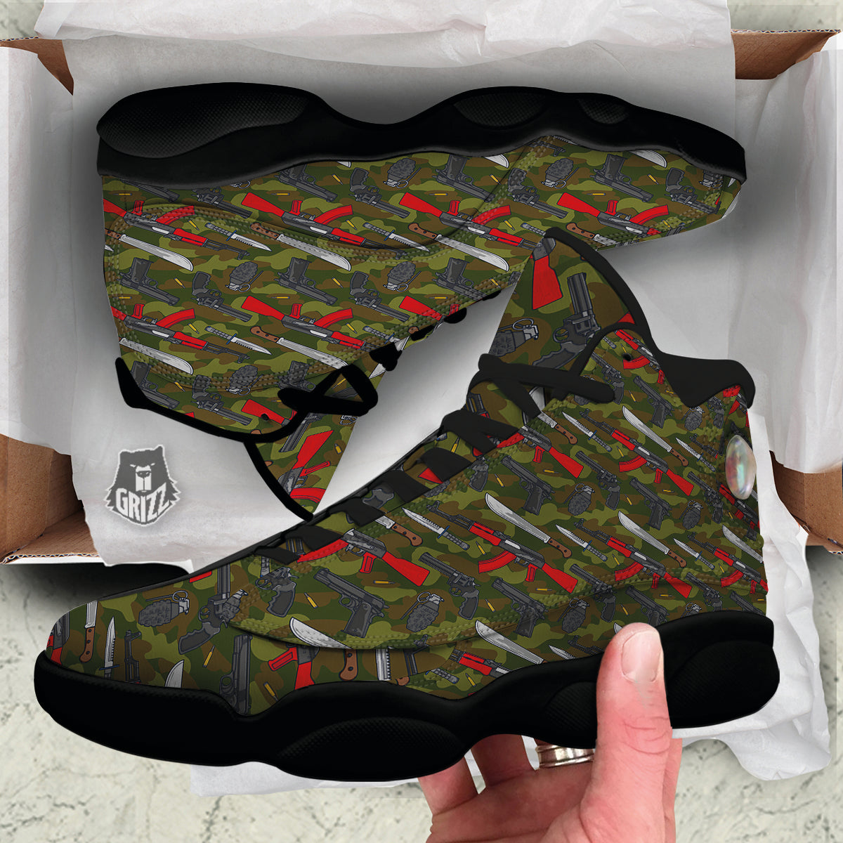 Terrorist Weapon Green Camo Print Pattern Black Basketball Shoes-grizzshop