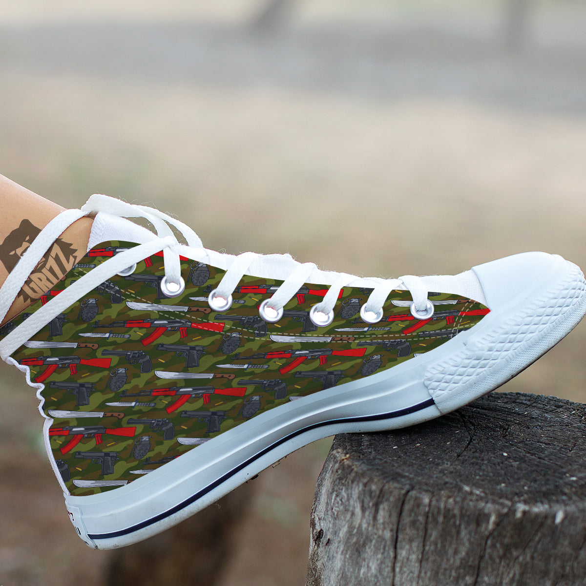 Terrorist Weapon Green Camo Print Pattern White High Top Shoes-grizzshop