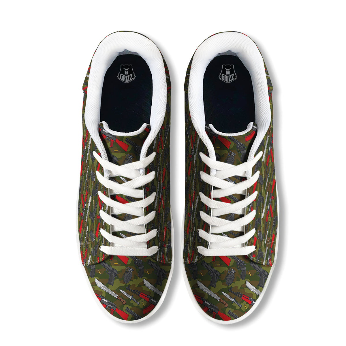 Terrorist Weapon Green Camo Print Pattern White Low Top Sneakers-grizzshop