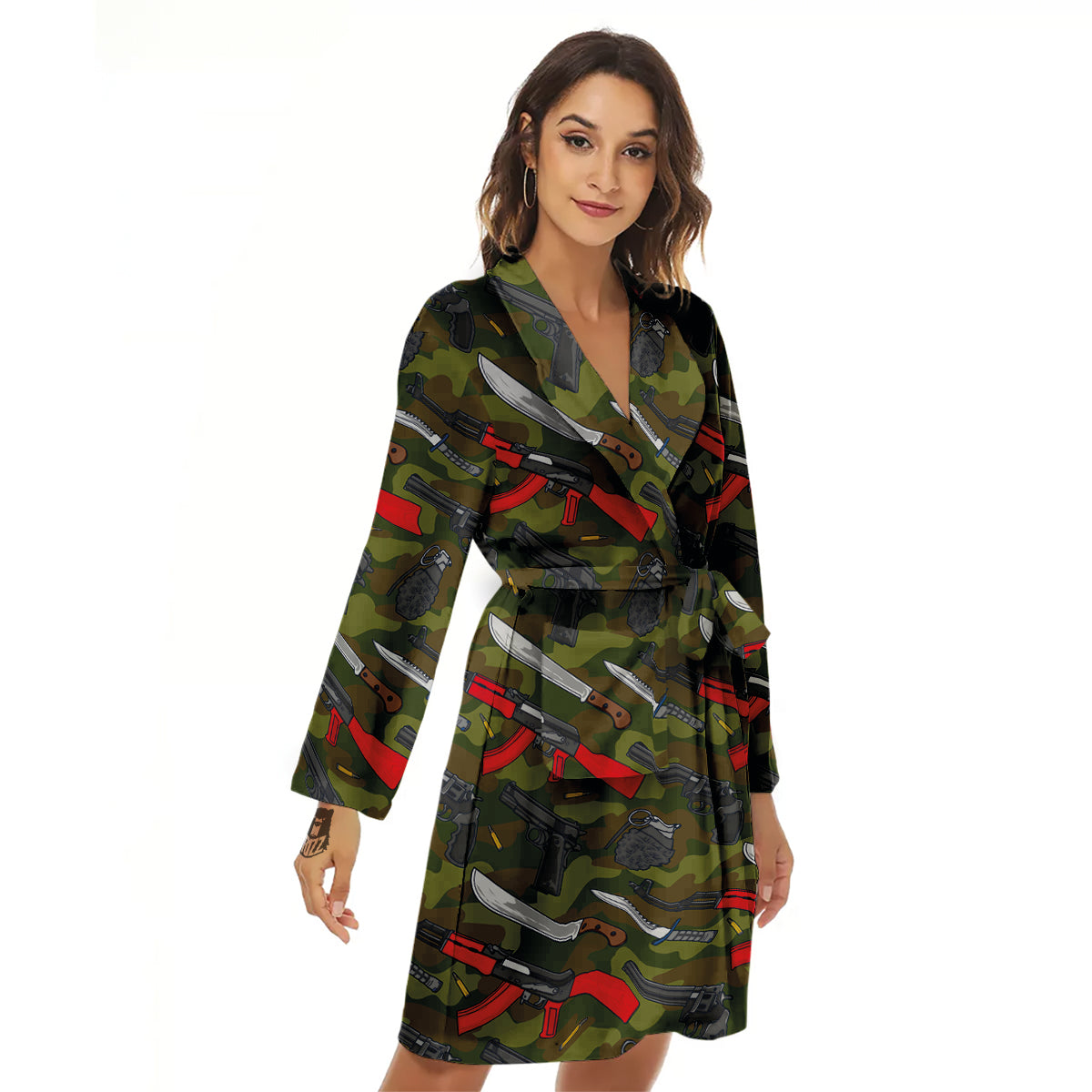 Terrorist Weapon Green Camo Print Pattern Women's Robe-grizzshop