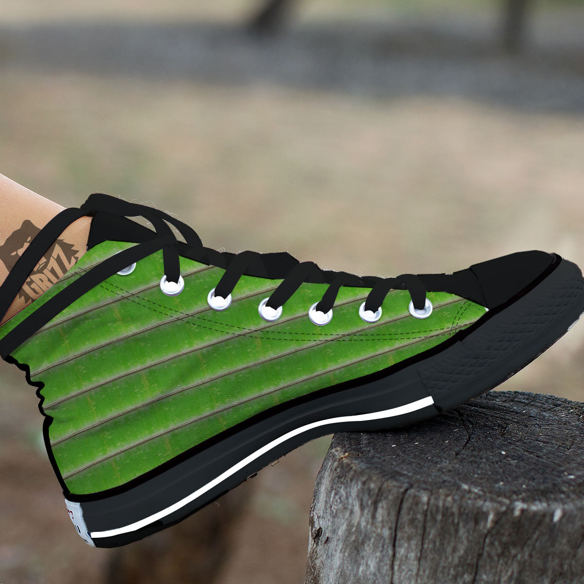 Texture Bamboo Green Print Black High Top Shoes-grizzshop