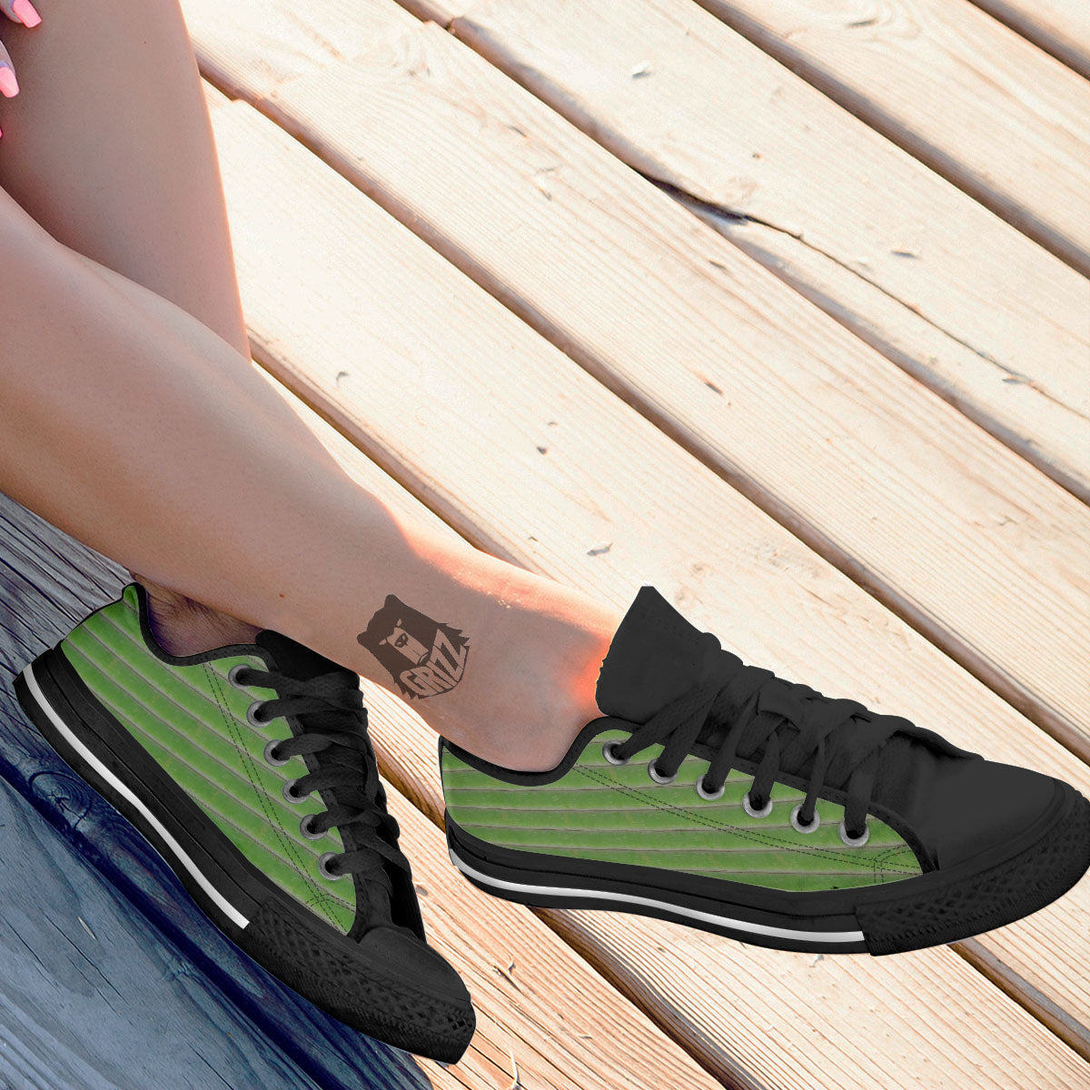 Texture Bamboo Green Print Black Low Top Shoes-grizzshop