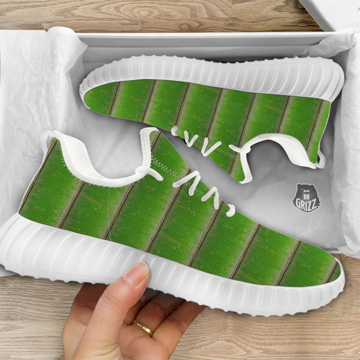 Texture Bamboo Green Print White Walking Shoes-grizzshop