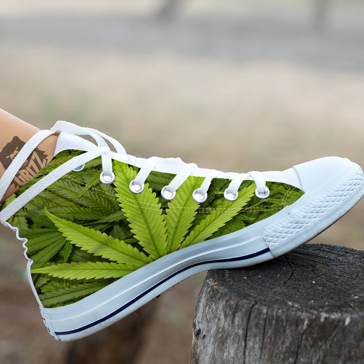 Texture Cannabis Print White High Top Shoes-grizzshop
