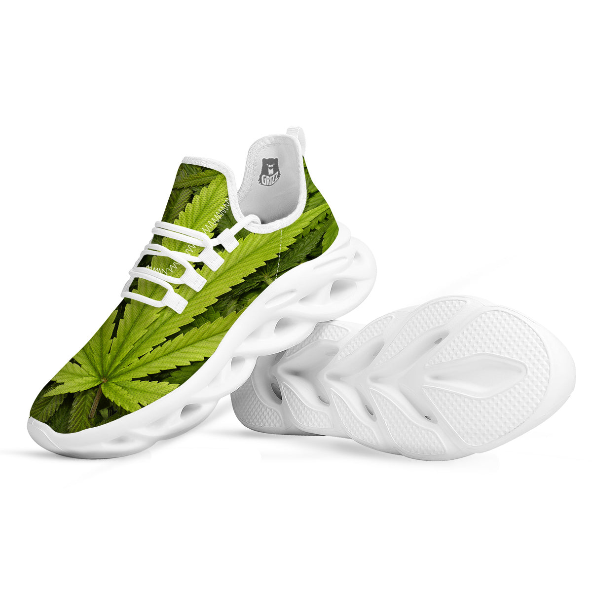 Texture Cannabis Print White Running Shoes-grizzshop