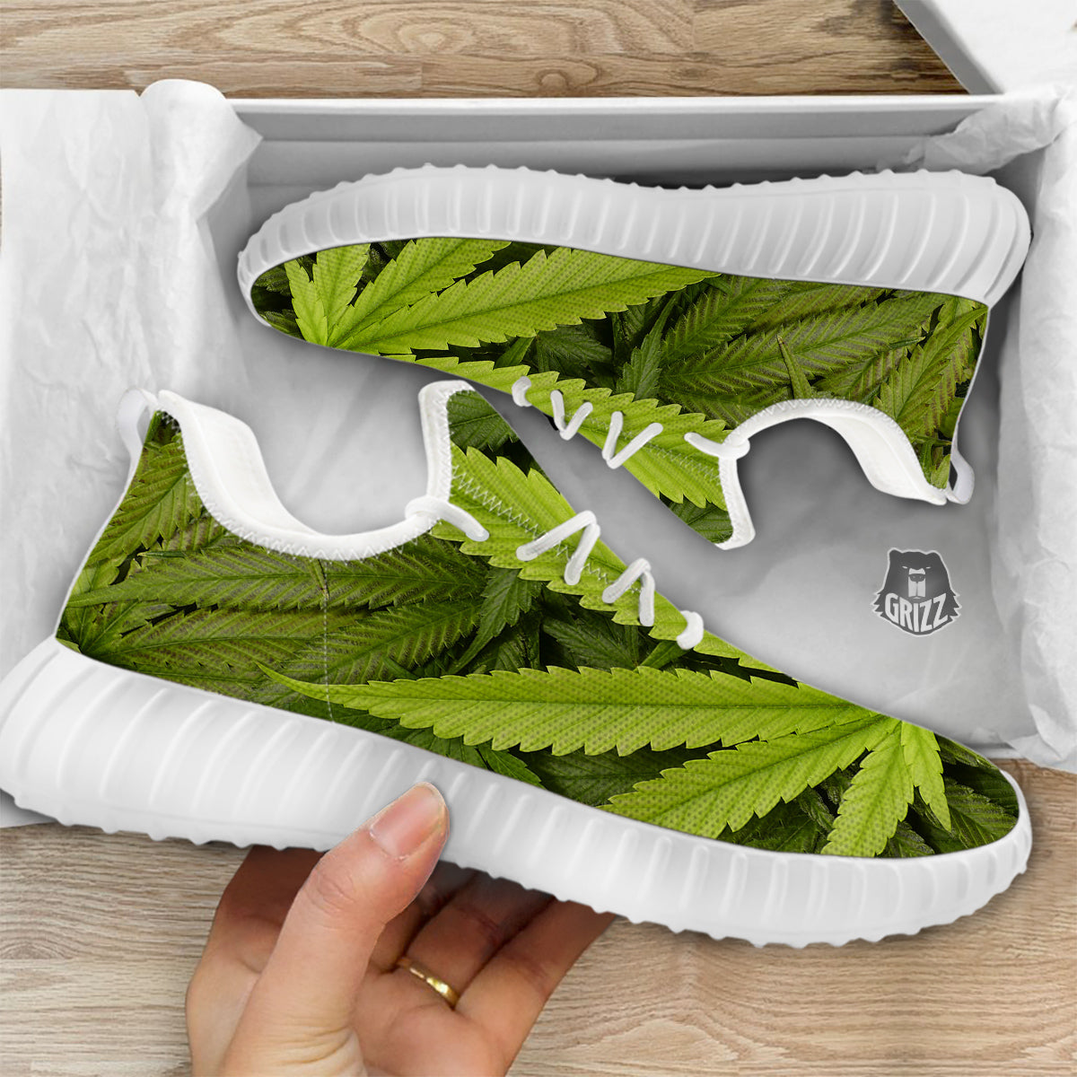 Texture Cannabis Print White Walking Shoes-grizzshop