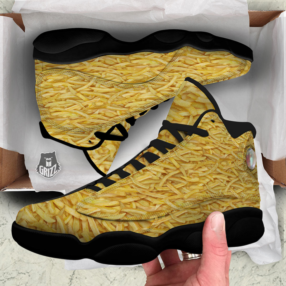 Texture French Fries Print Black Basketball Shoes-grizzshop