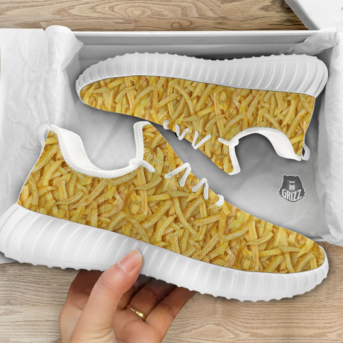 Texture French Fries Print White Walking Shoes-grizzshop