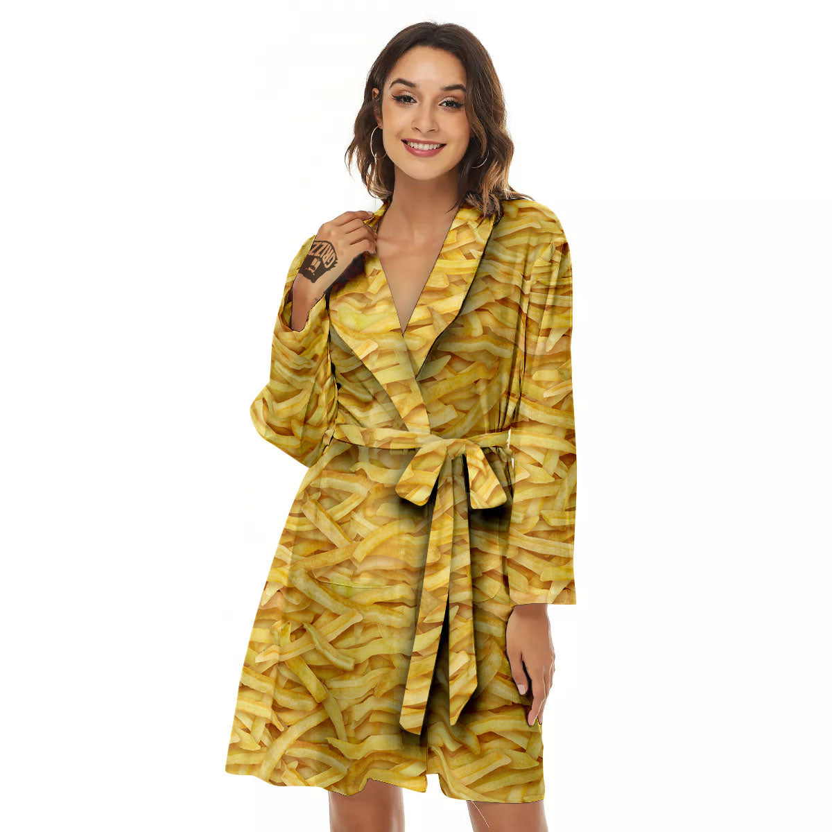 Texture French Fries Print Women's Robe-grizzshop