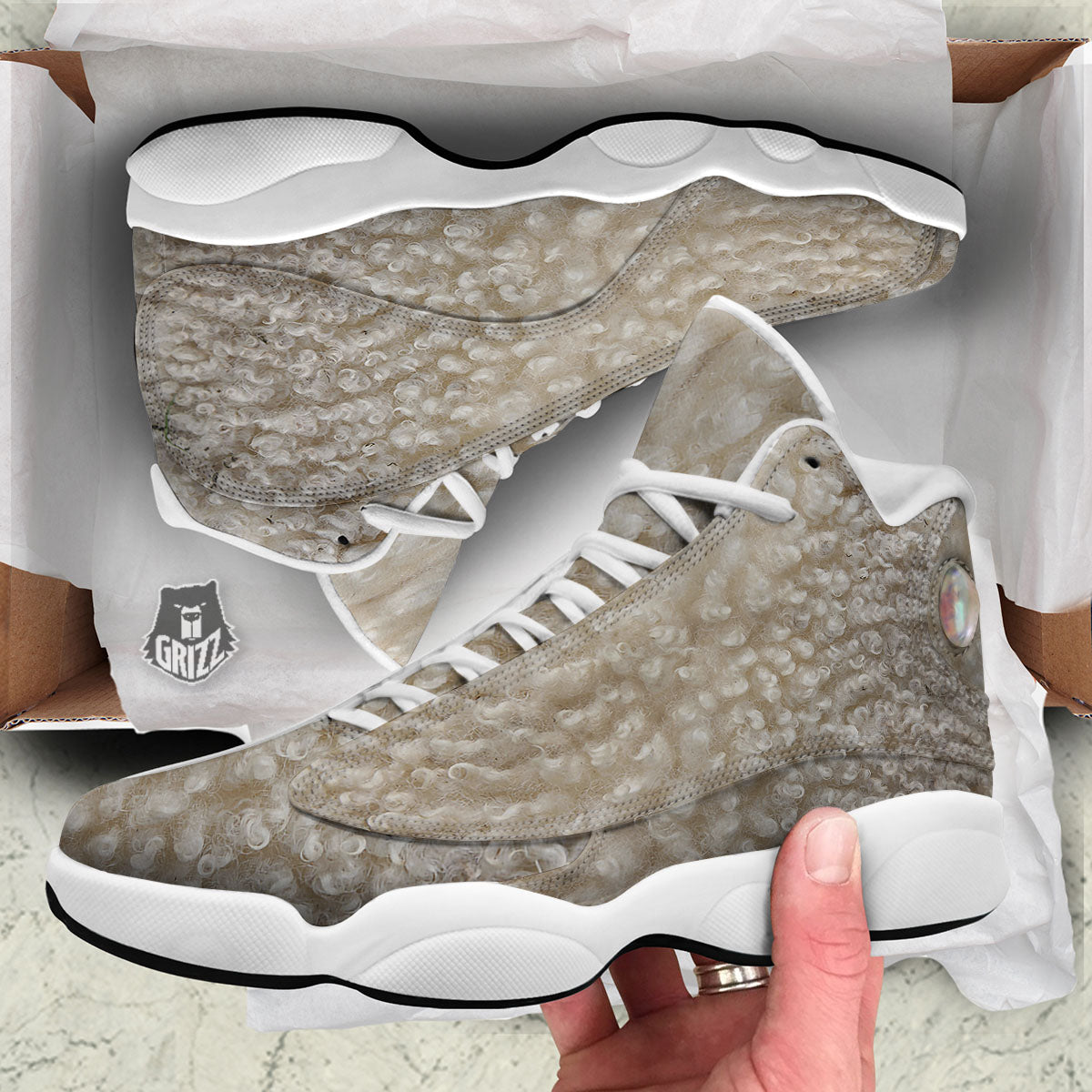 Texture Fur Sheep Print White Basketball Shoes-grizzshop