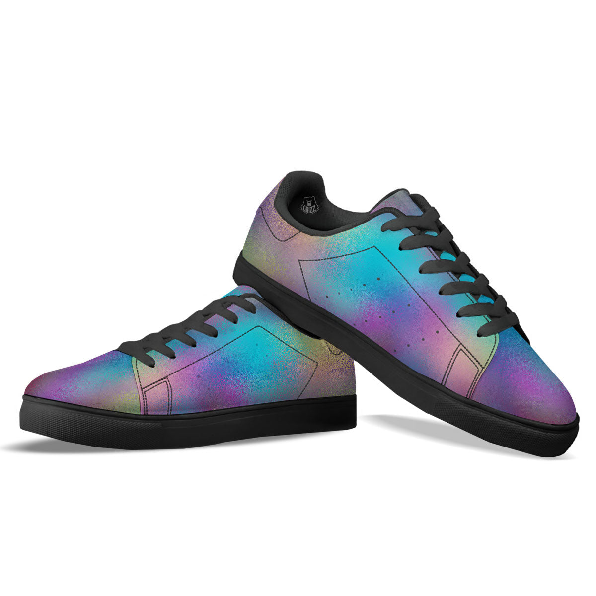 Texture Holographic Print Black Low Top Sneakers-grizzshop