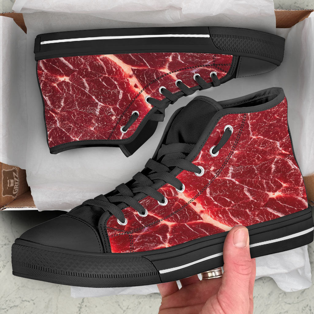 Texture Red Meat Print Black High Top Shoes-grizzshop