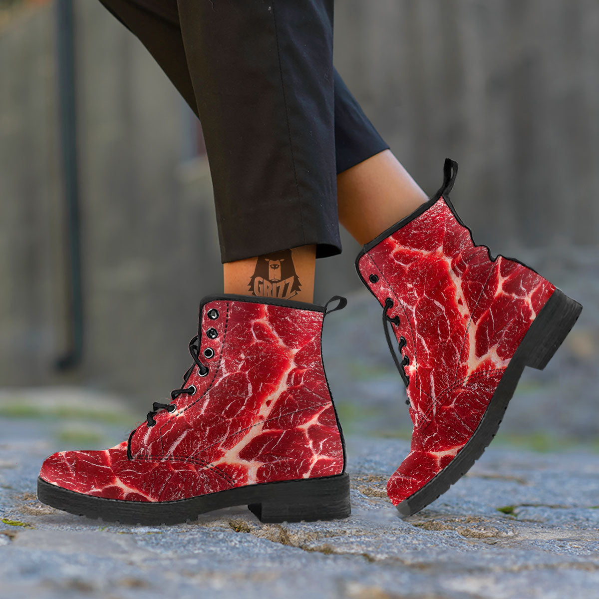 Texture Red Meat Print Leather Boots-grizzshop