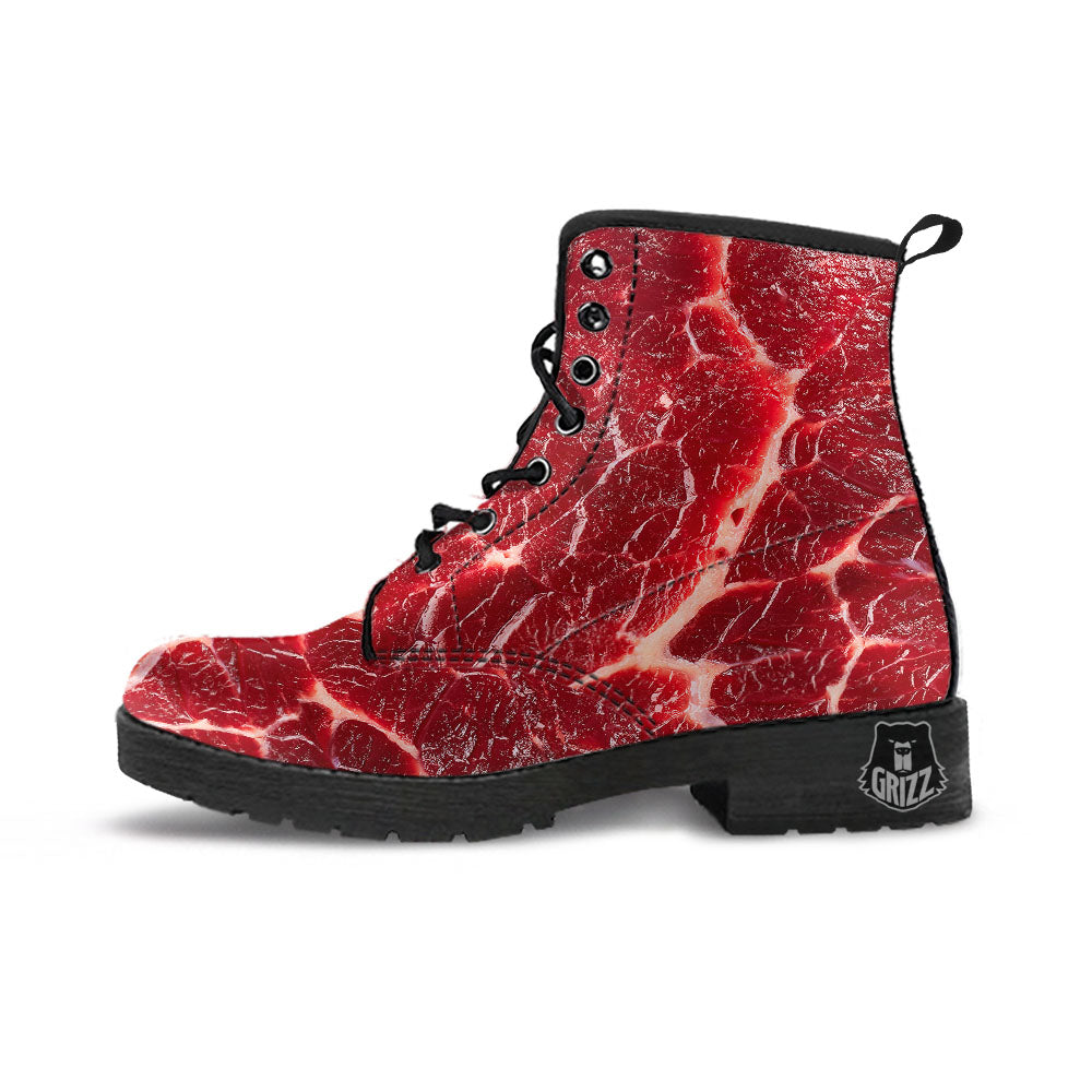 Texture Red Meat Print Leather Boots-grizzshop