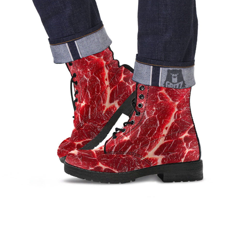 Texture Red Meat Print Leather Boots-grizzshop