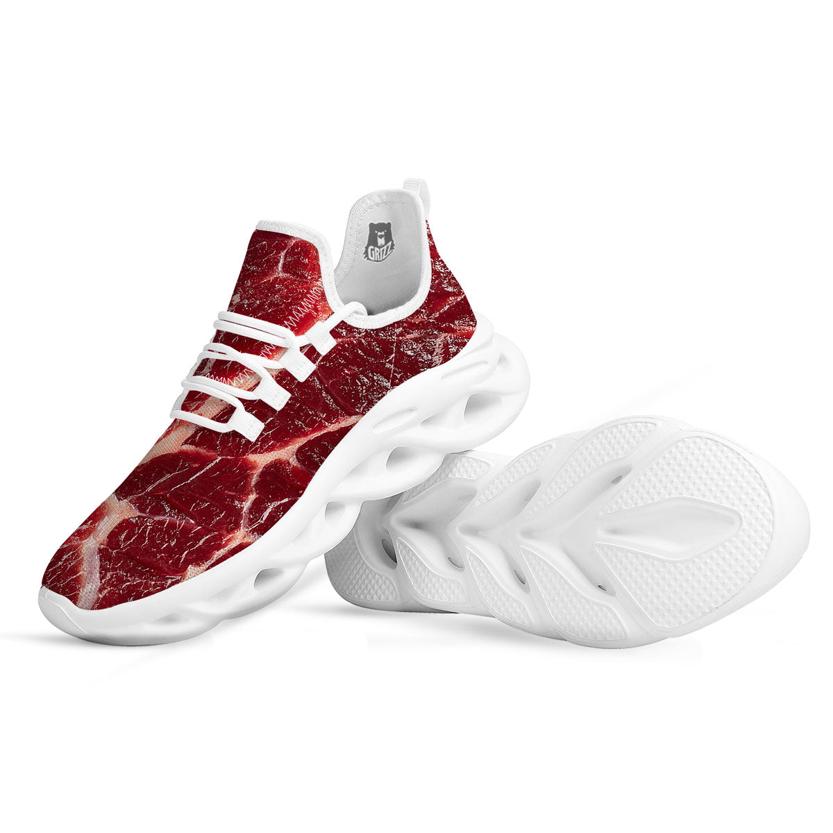 Texture Red Meat Print White Running Shoes-grizzshop