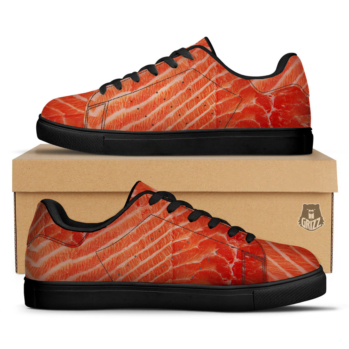 Texture Salmon Print Black Low Top Sneakers-grizzshop
