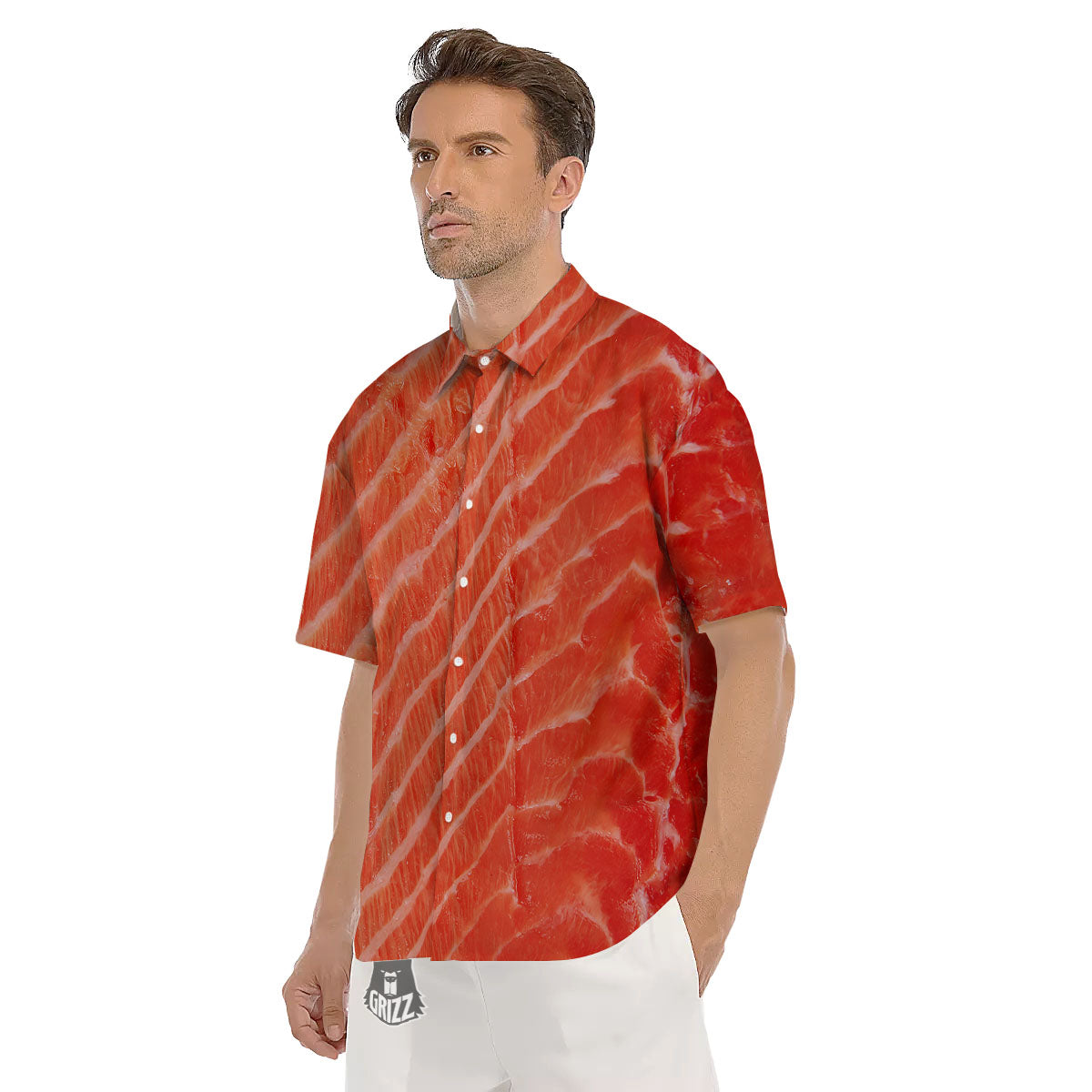 Texture Salmon Print Men's Short Sleeve Shirts-grizzshop