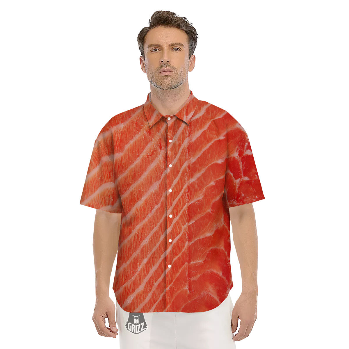 Texture Salmon Print Men's Short Sleeve Shirts-grizzshop