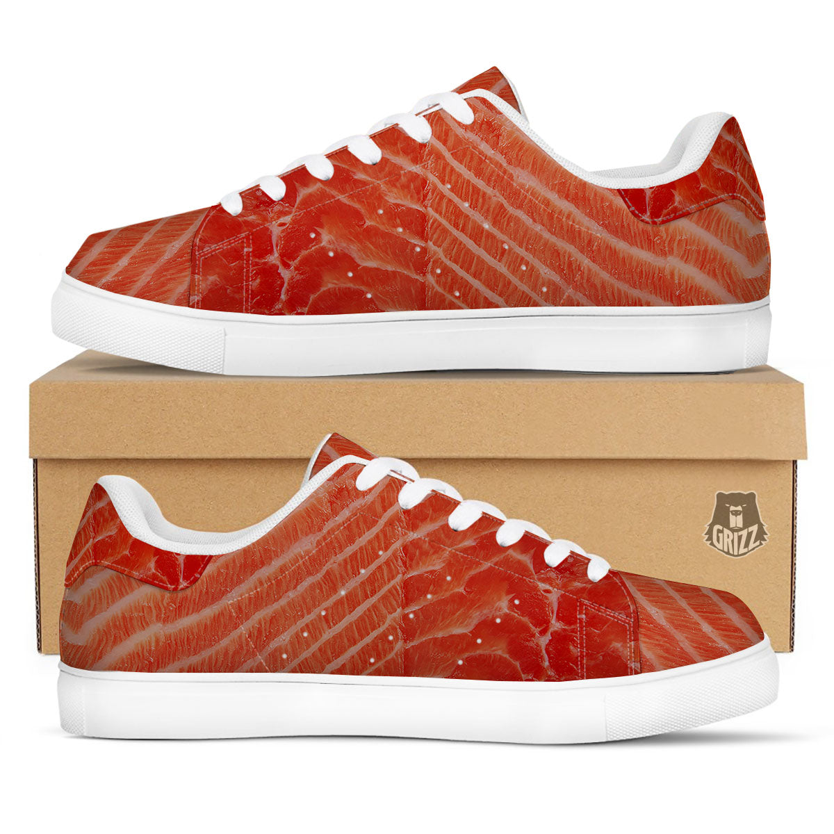 Texture Salmon Print White Low Top Sneakers-grizzshop