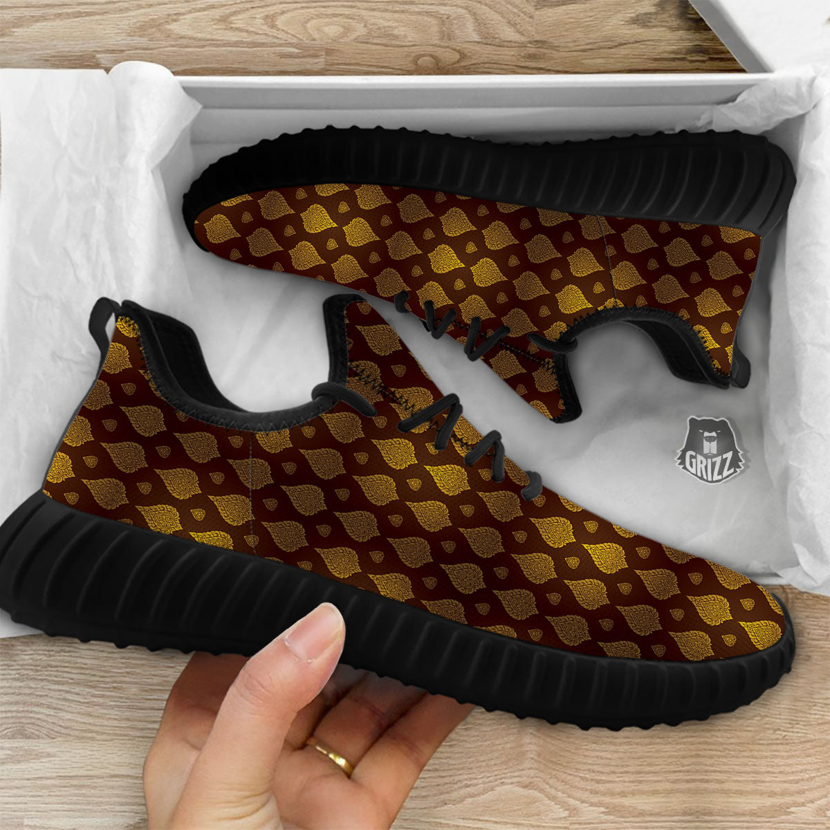 Thai Art Brown And Gold Print Pattern Black Walking Shoes-grizzshop