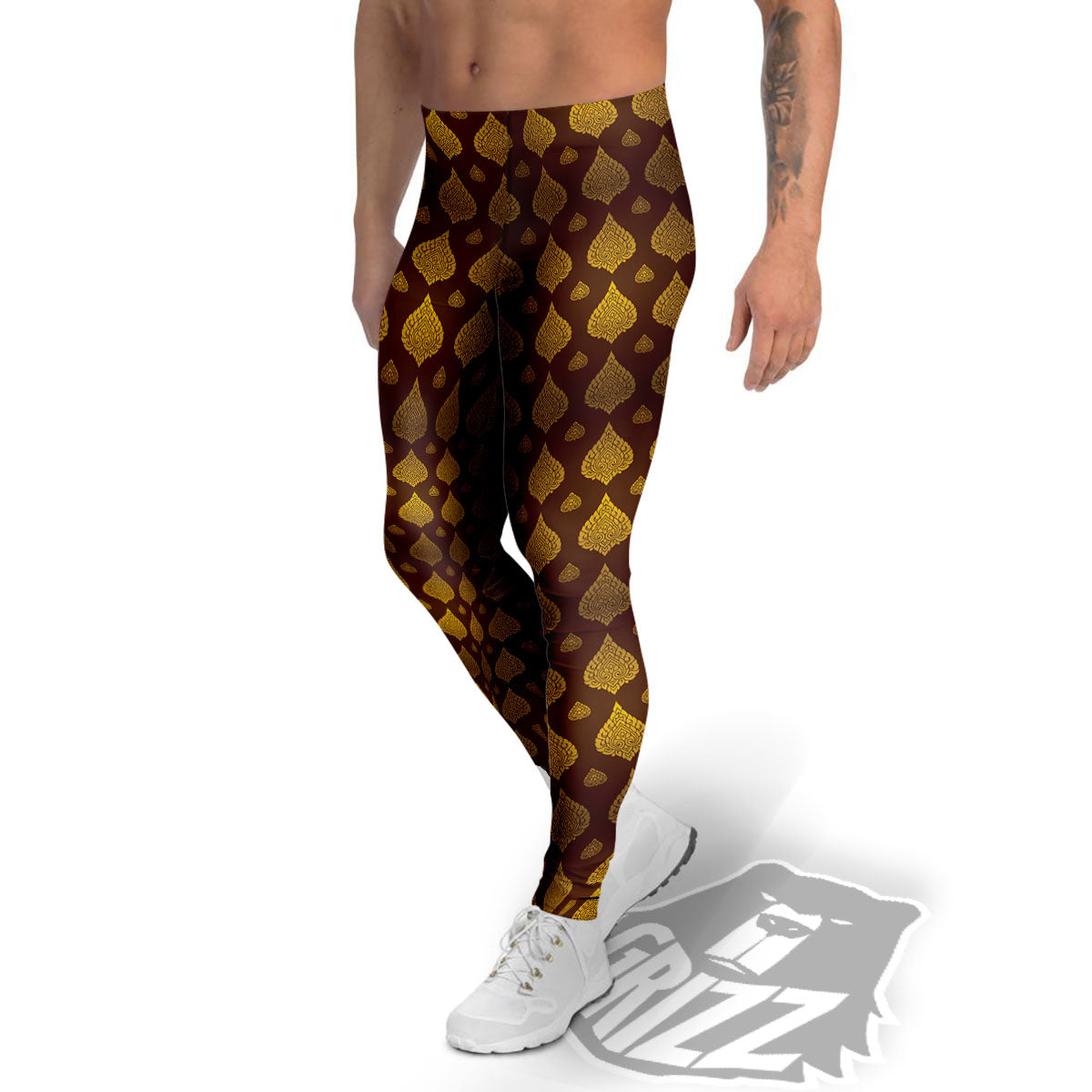 Thai Art Brown And Gold Print Pattern Men's Leggings-grizzshop