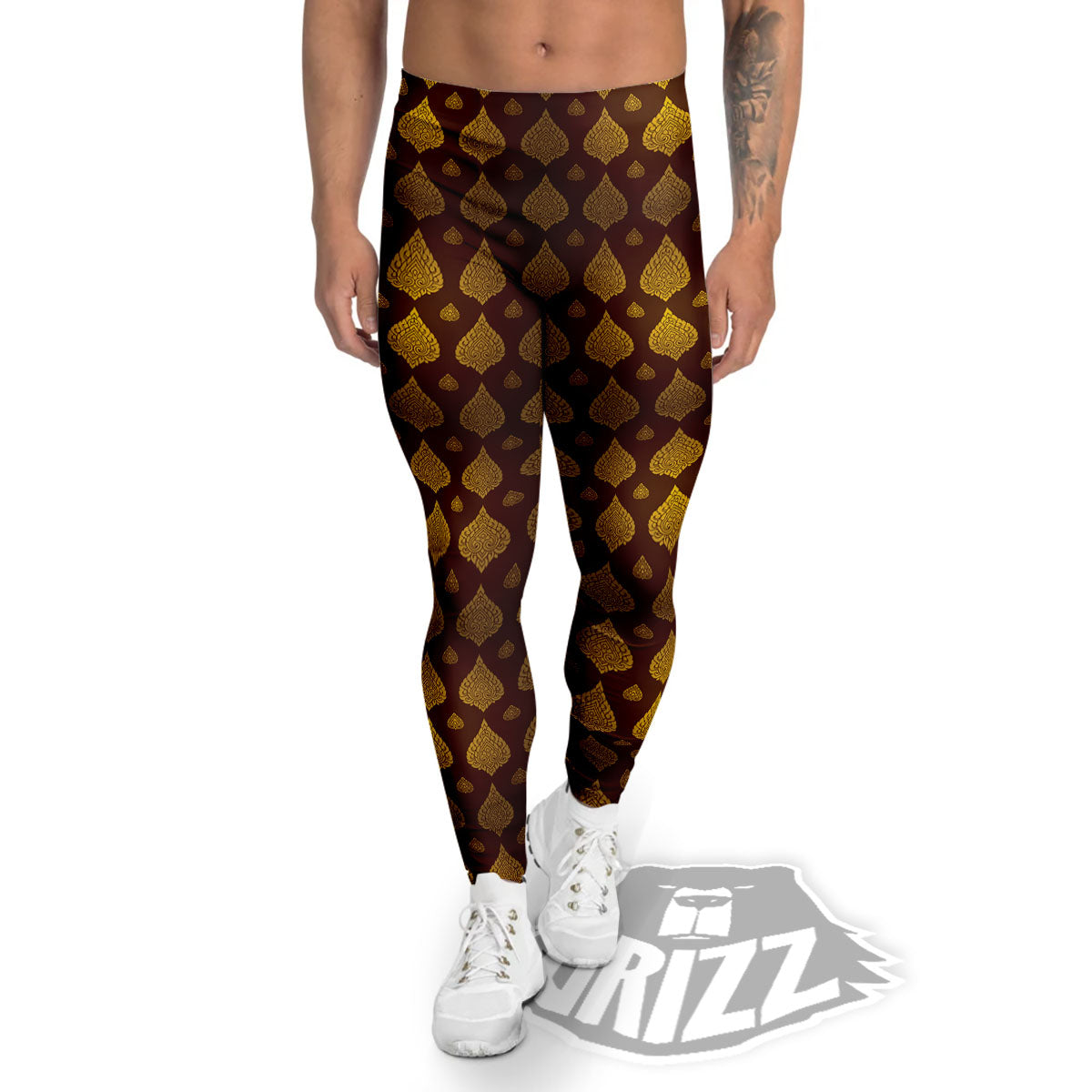 Thai Art Brown And Gold Print Pattern Men's Leggings-grizzshop