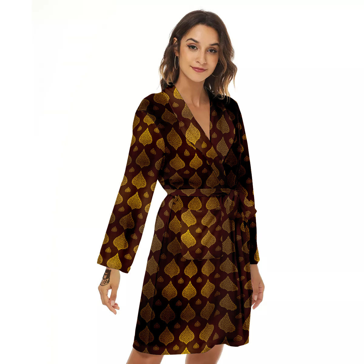 Thai Art Brown And Gold Print Pattern Women's Robe-grizzshop