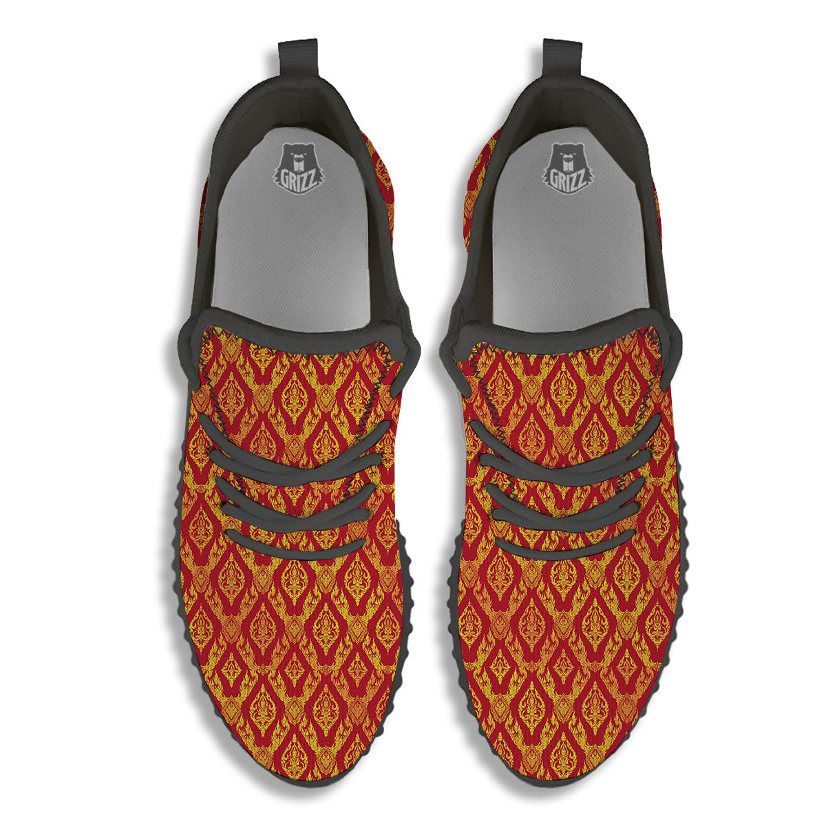 Thai Art Red And Gold Print Pattern Black Walking Shoes-grizzshop