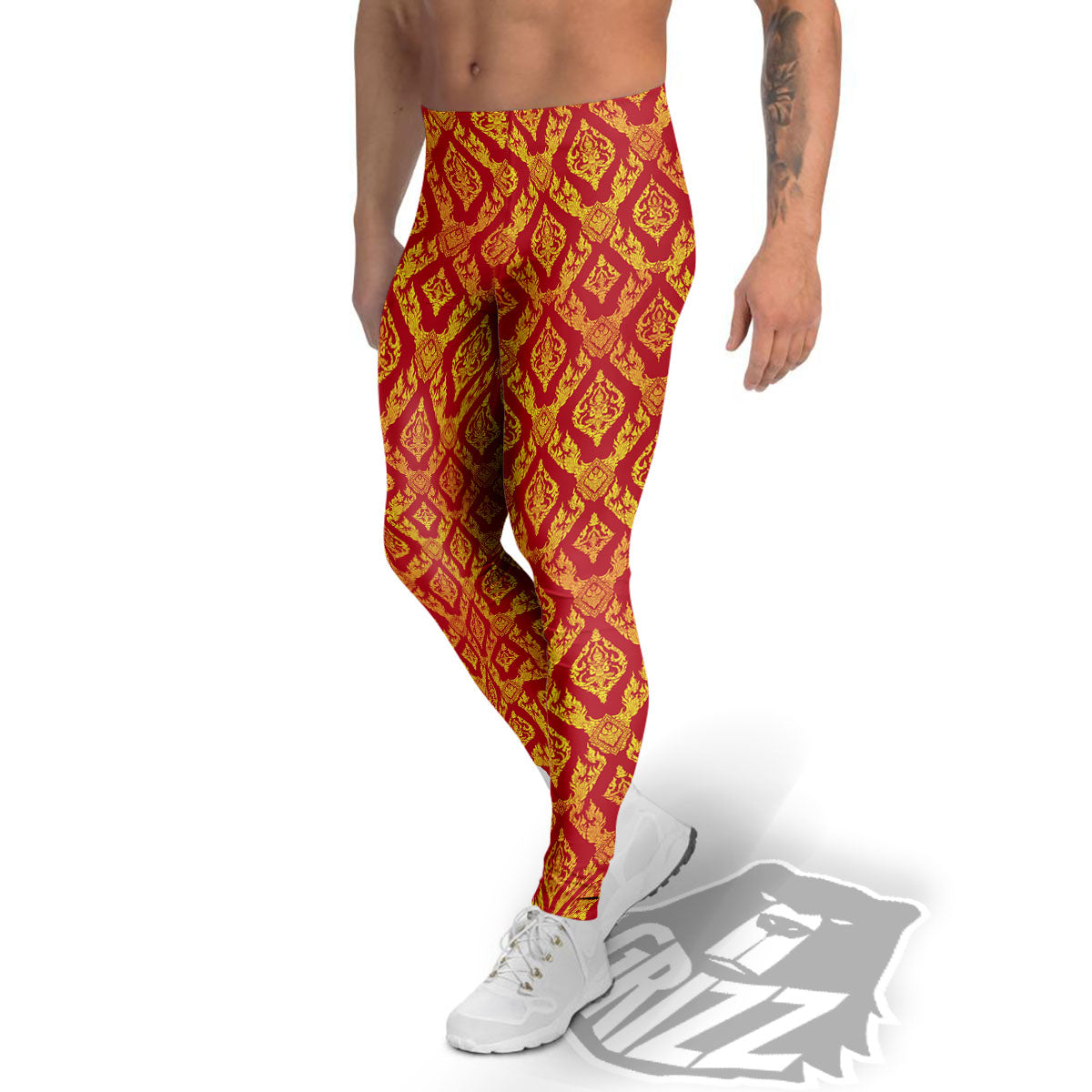 Thai Art Red And Gold Print Pattern Men's Leggings-grizzshop