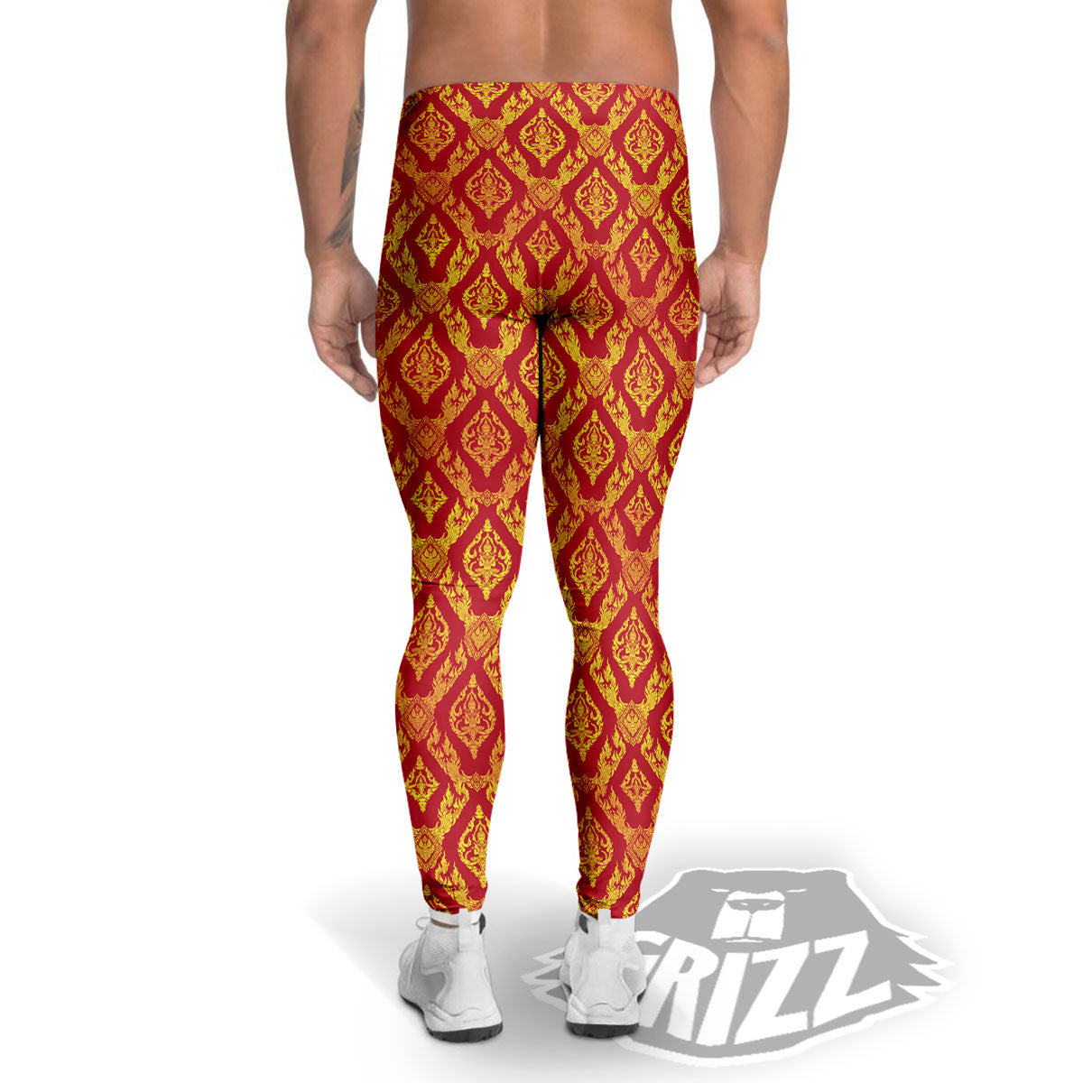 Thai Art Red And Gold Print Pattern Men's Leggings-grizzshop