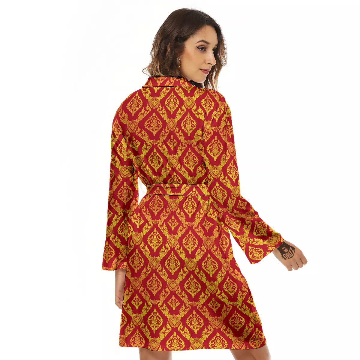 Thai Art Red And Gold Print Pattern Women's Robe-grizzshop