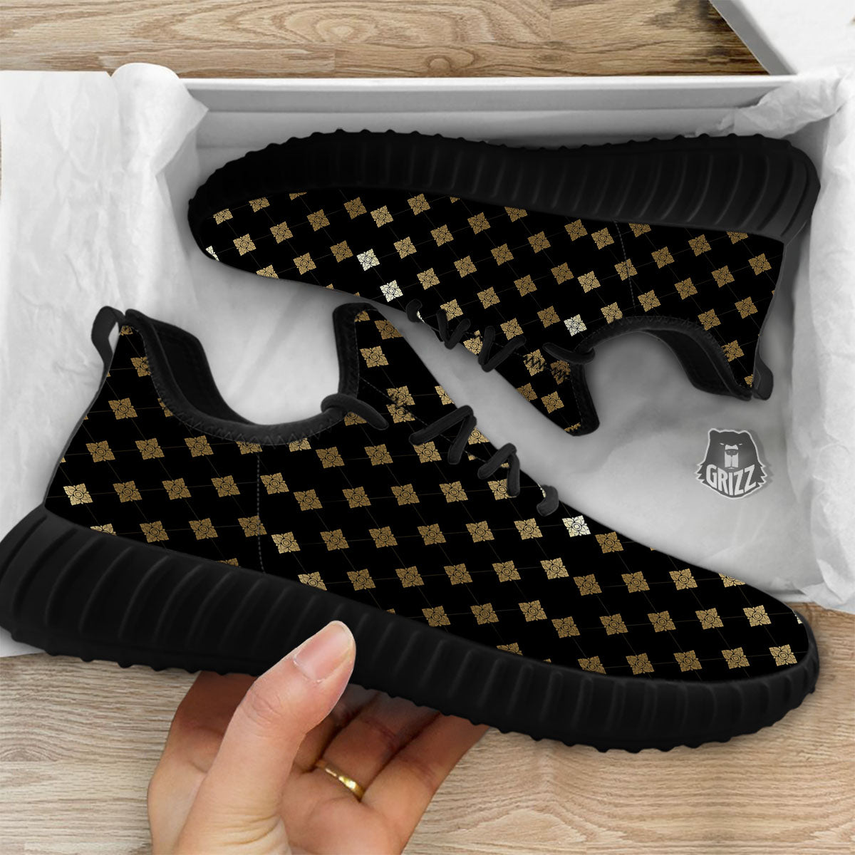 Thai Black And Gold Print Pattern Black Walking Shoes-grizzshop