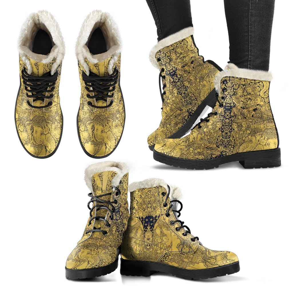 Thai Golden Elephant Print Comfy Winter Boots-grizzshop