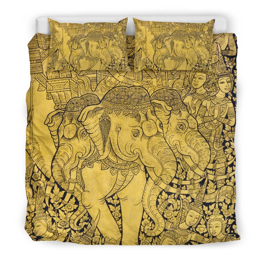 Thai Golden Elephant Print Duvet Cover Bedding Set-grizzshop