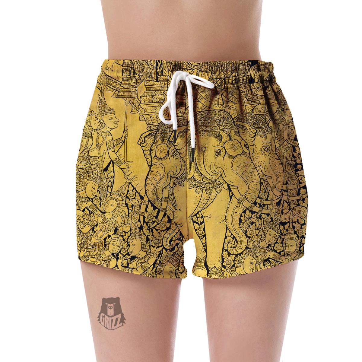 Thai Golden Elephant Print Women's Shorts-grizzshop