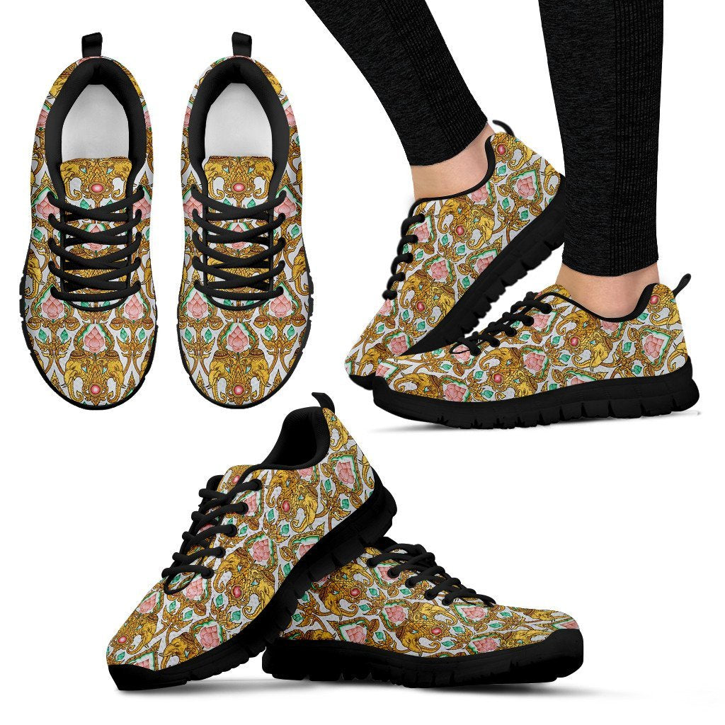 Thai Lotus Elephant Print Black Sneaker Shoes For Men Women-grizzshop
