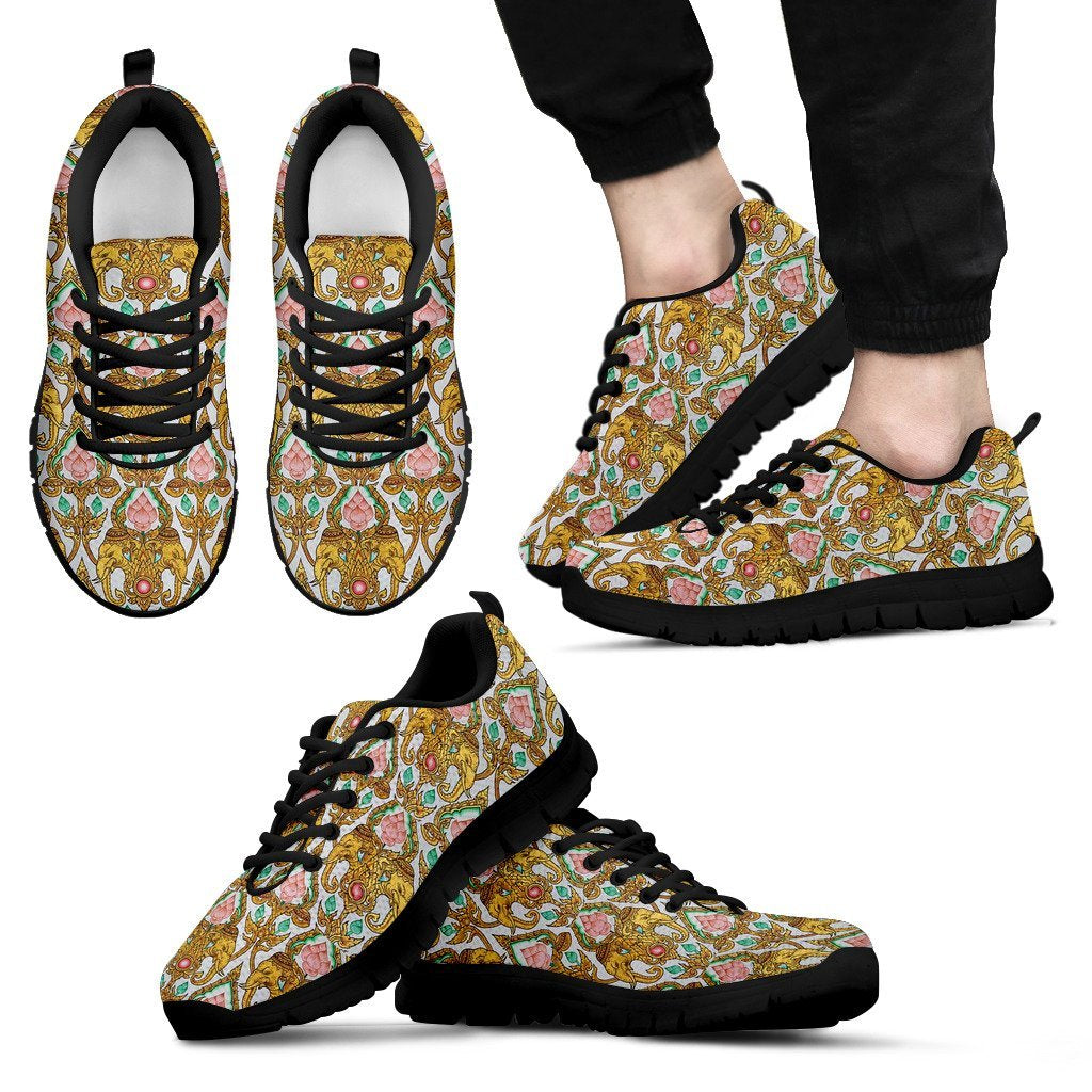 Thai Lotus Elephant Print Black Sneaker Shoes For Men Women-grizzshop