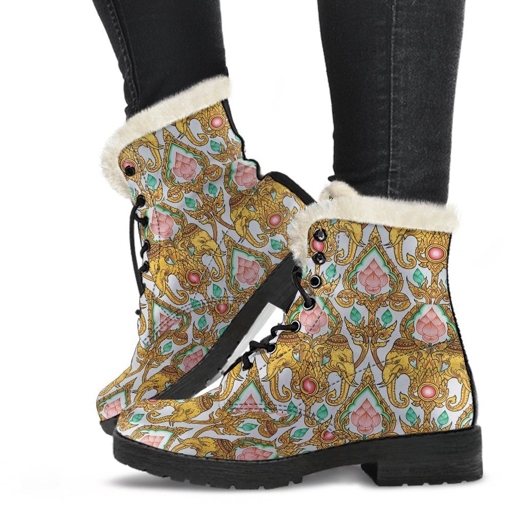 Thai Lotus Elephant Print Comfy Winter Boots-grizzshop