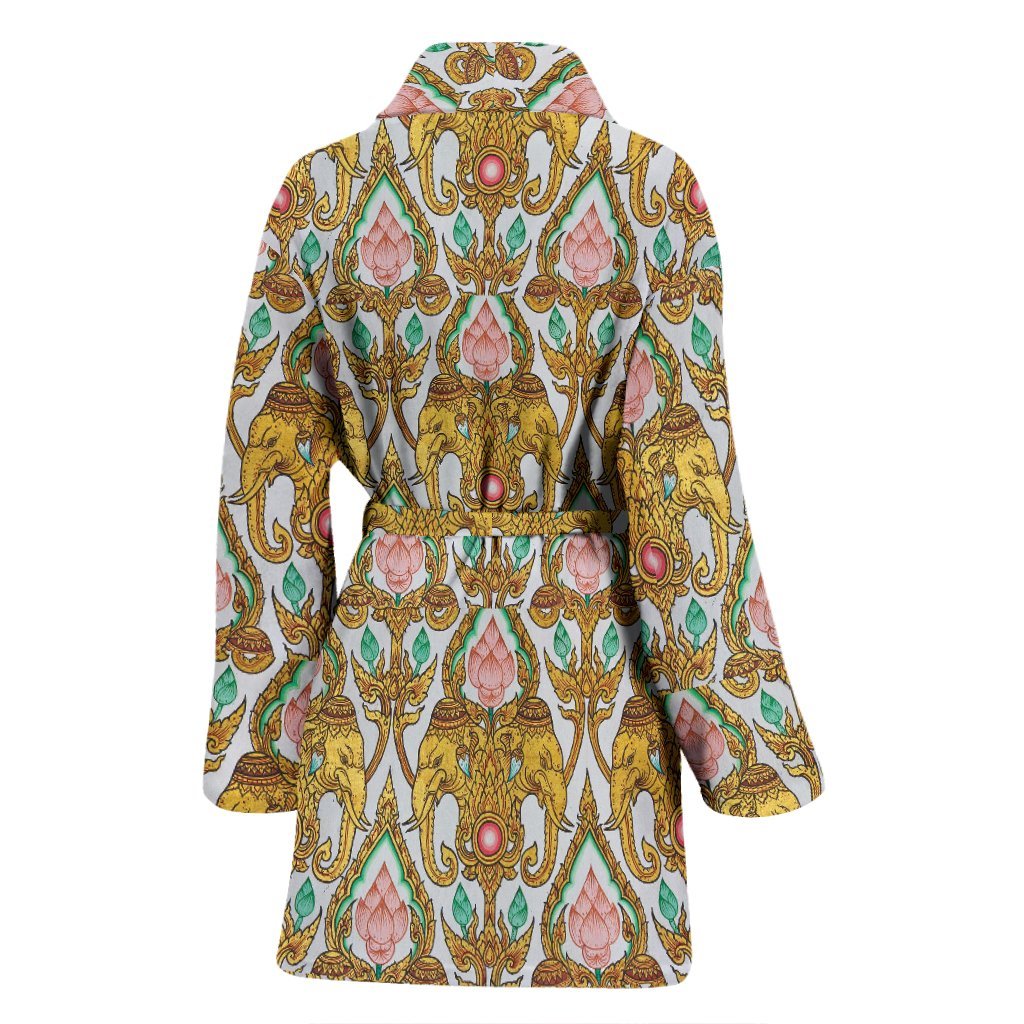Thai Lotus Elephant Print Women Long Robe-grizzshop