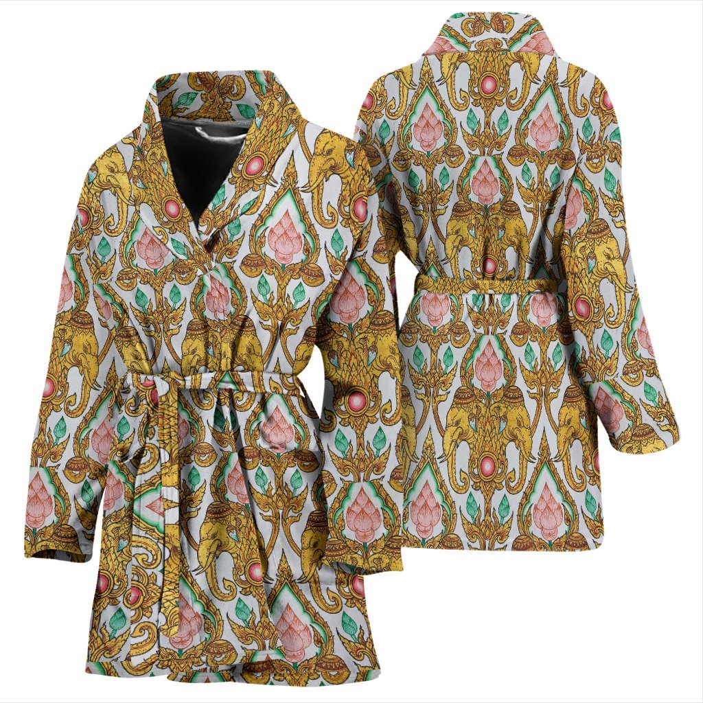 Thai Lotus Elephant Print Women Long Robe-grizzshop
