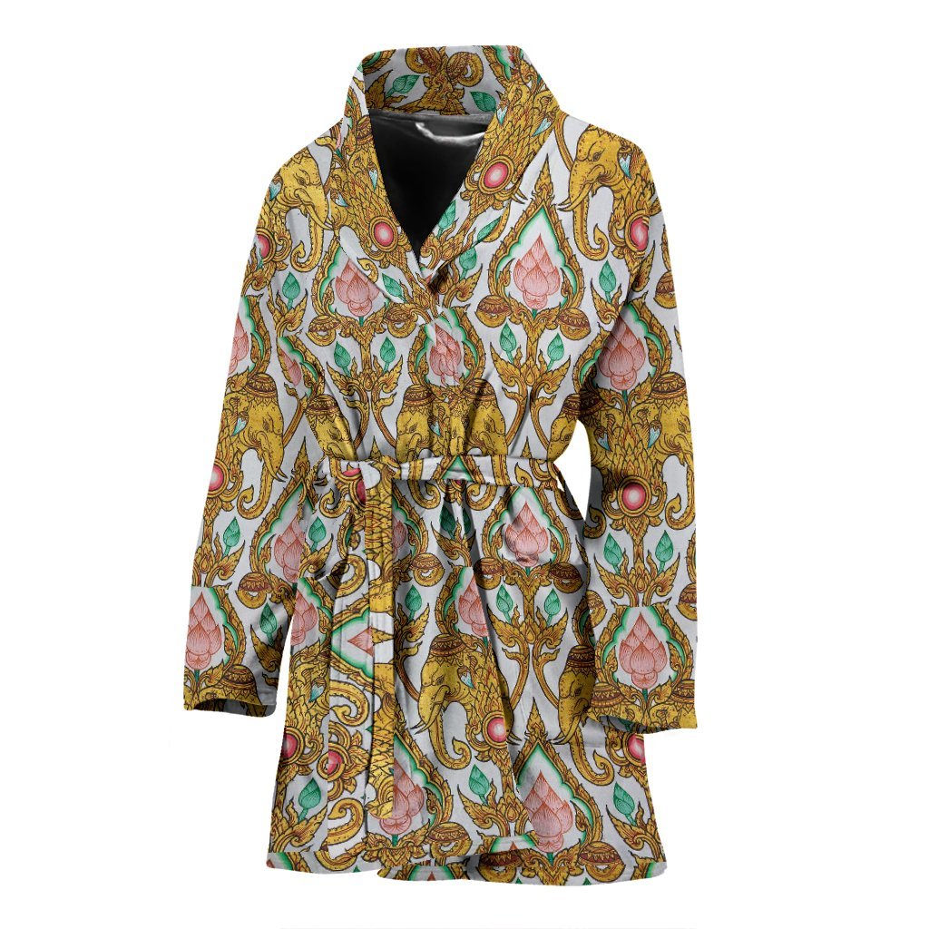 Thai Lotus Elephant Print Women Long Robe-grizzshop