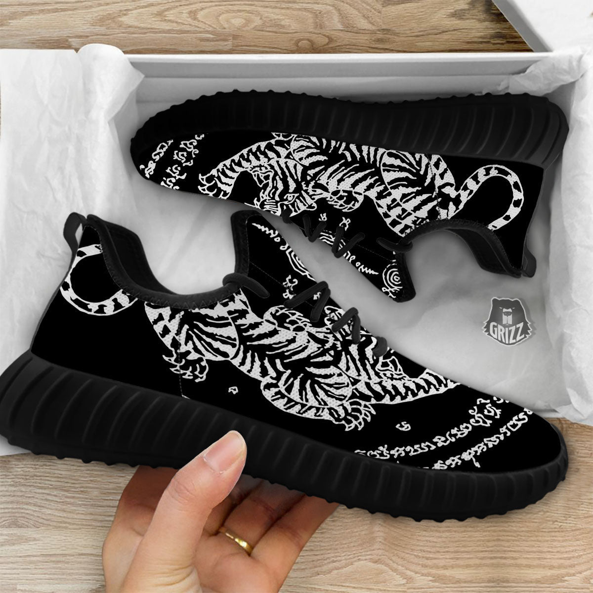 Thai Tattoo White And Black Print Black Walking Shoes-grizzshop