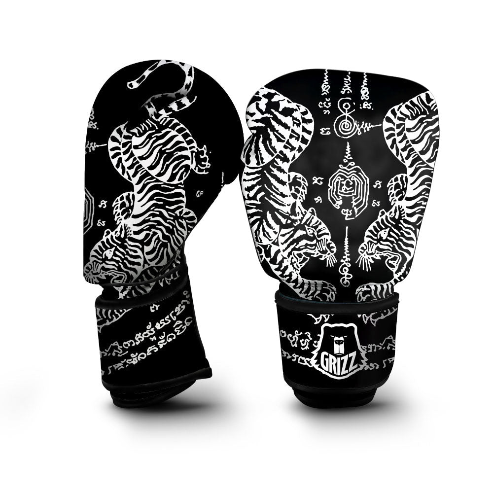 Thai Tattoo White And Black Print Boxing Gloves-grizzshop