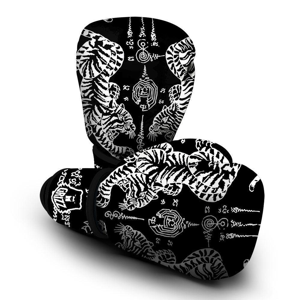 Thai Tattoo White And Black Print Boxing Gloves-grizzshop