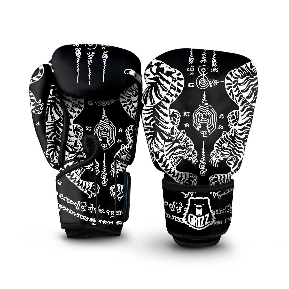Thai Tattoo White And Black Print Boxing Gloves-grizzshop