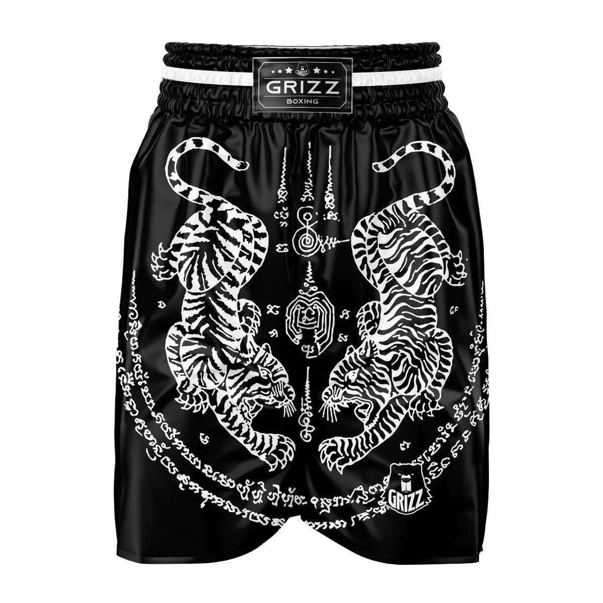 Thai Tattoo White And Black Print Boxing Shorts-grizzshop