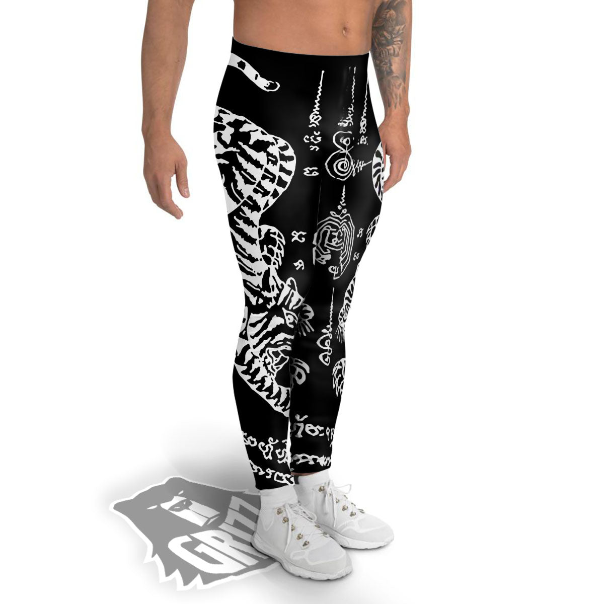 Thai Tattoo White And Black Print Men's Leggings-grizzshop
