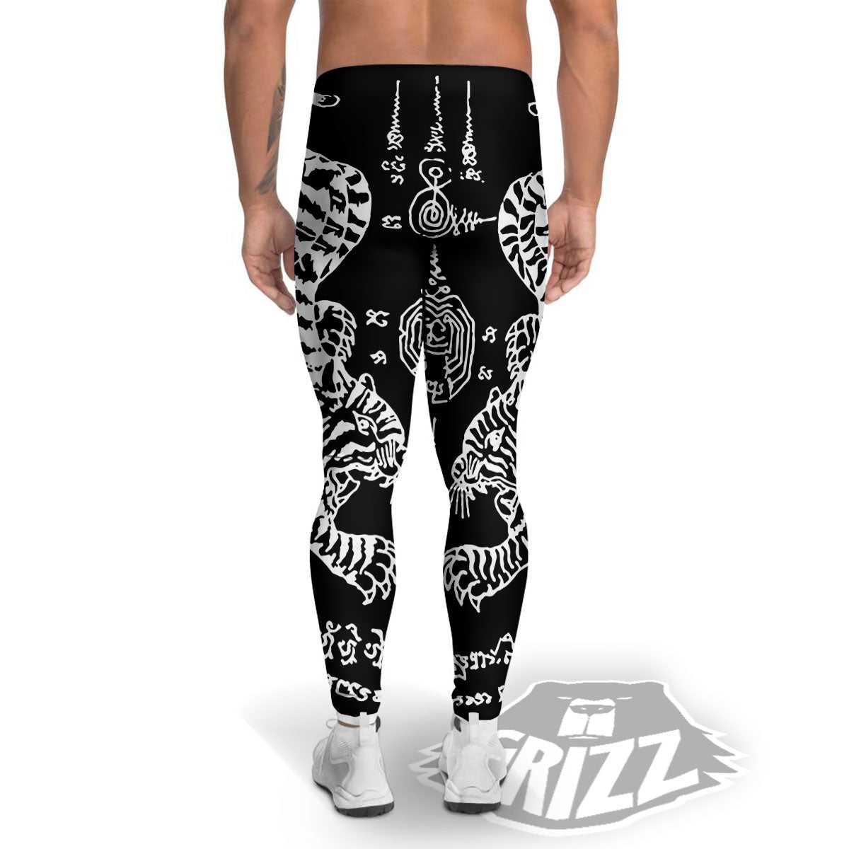 Thai Tattoo White And Black Print Men's Leggings-grizzshop